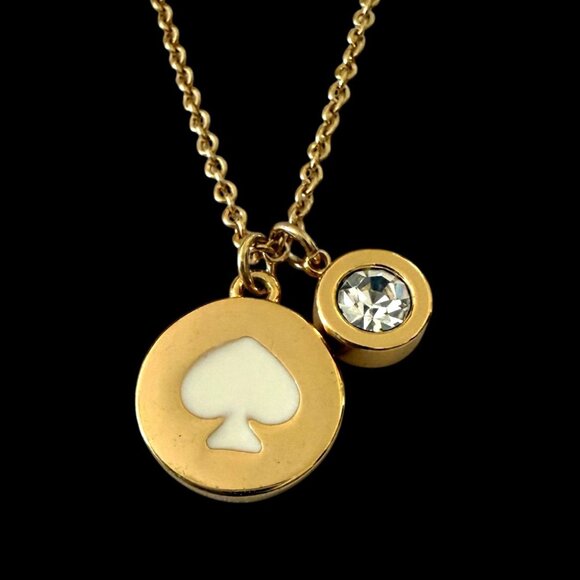 Kate Spade Spot The Gold Enamel Spade Pendant Necklace Crystal Charms 16"-18" - Picture 2 of 7